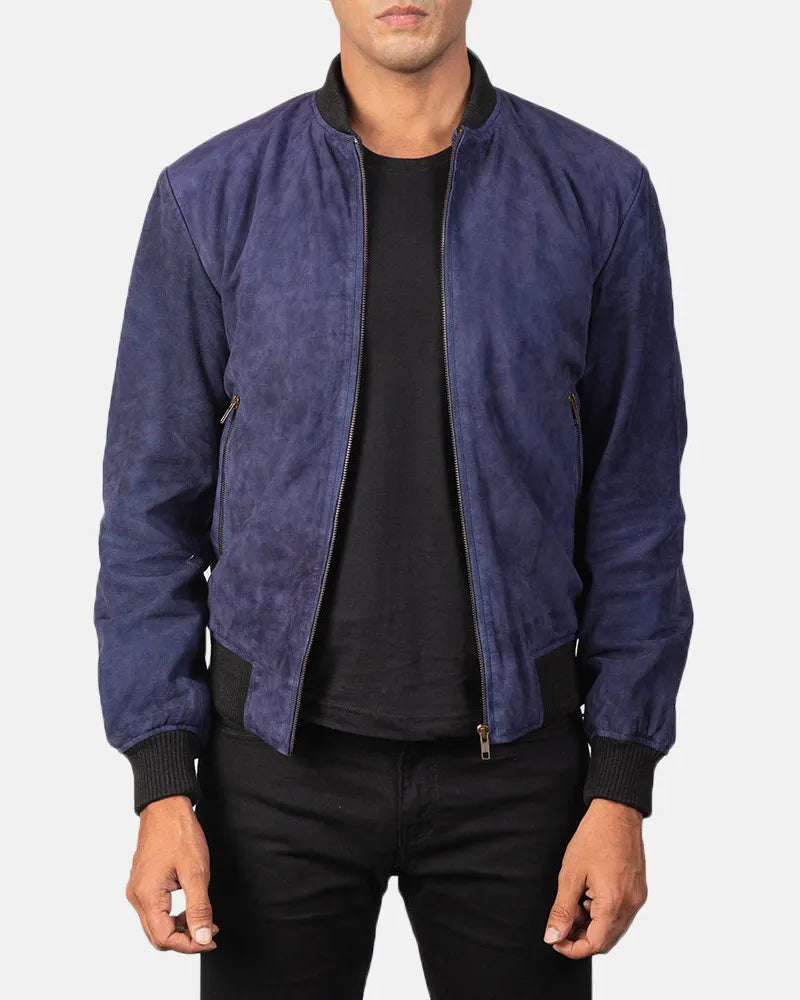 A fashionable men's blue bomber jacket featuring a contrasting black zipper.