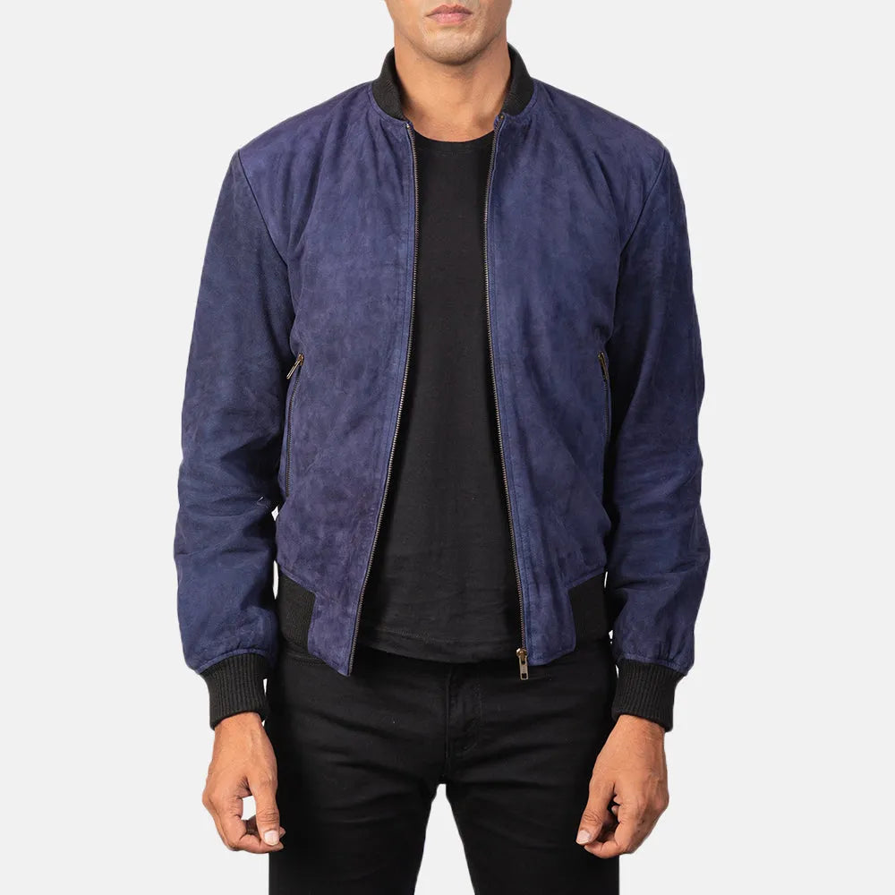 A fashionable men's blue bomber jacket featuring a contrasting black zipper.