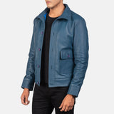 A stylish blue bomber jacket men's made from genuine leather.