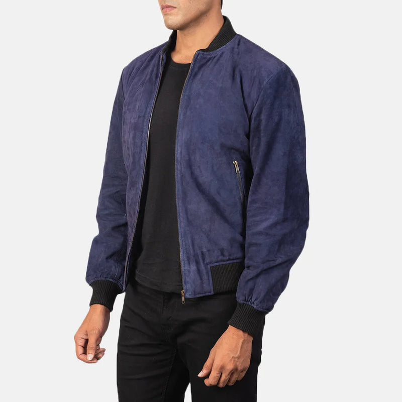 A fashionable men's blue bomber jacket featuring a contrasting black zipper.