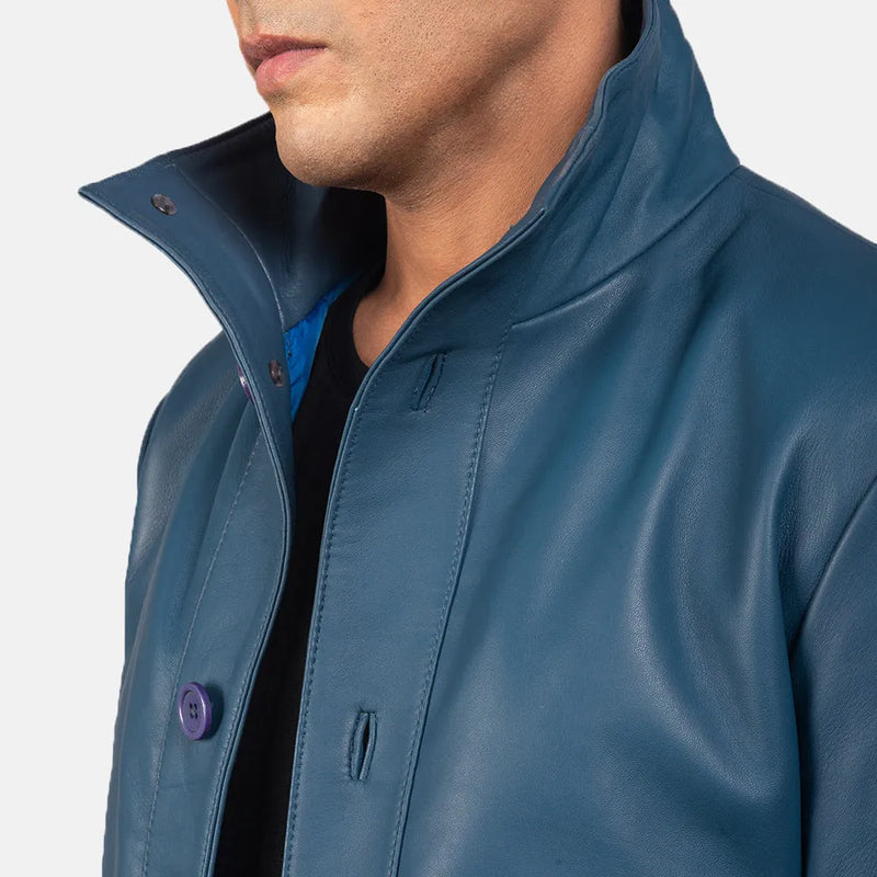 A stylish blue bomber jacket men's made from genuine leather.