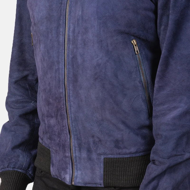 A fashionable men's blue bomber jacket featuring a contrasting black zipper.