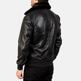 Black sleek men's bomber jacket featuring fur collar and genuine leather.