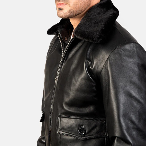 Black sleek men's bomber jacket featuring fur collar and genuine leather.