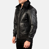 Black sleek men's bomber jacket featuring fur collar and genuine leather.