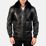 Black sleek men's bomber jacket featuring fur collar and genuine leather.