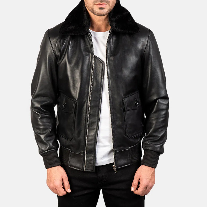 Black sleek men's bomber jacket featuring fur collar and genuine leather.