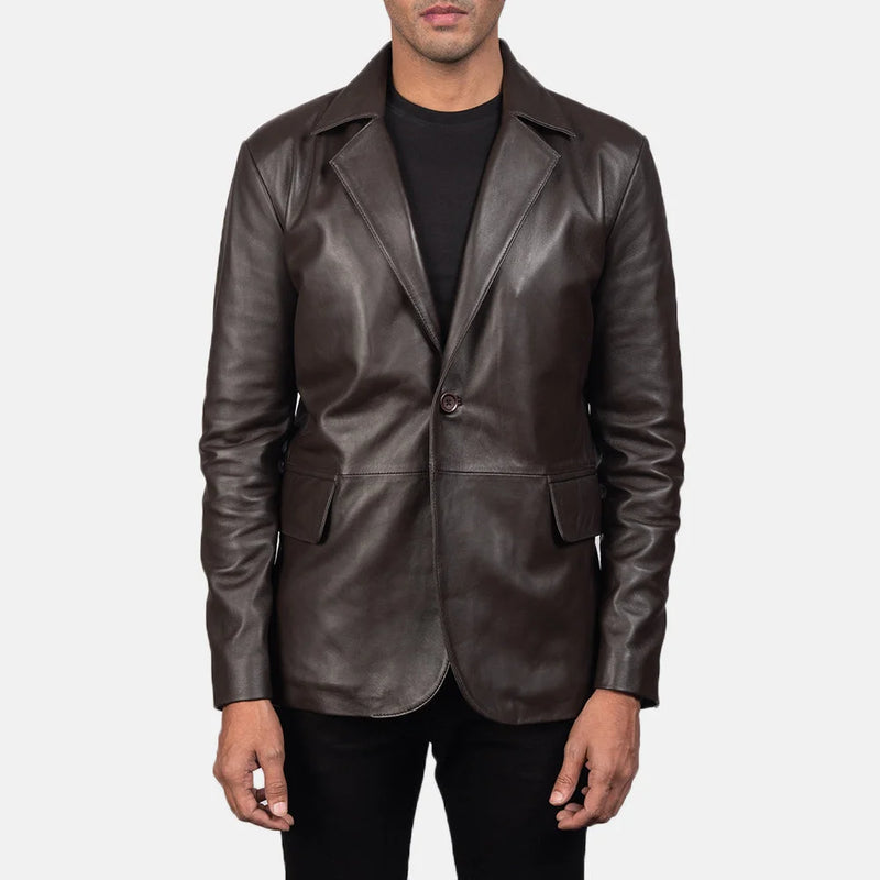 A fashion-forward man embraces his coolness in a men's brown leather blazer jacket.