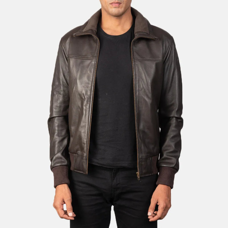 Men's brown leather bomber jacket, expertly made from real leather