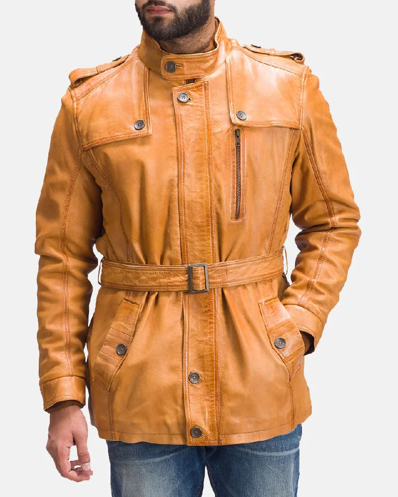 A stylish men's brown leather coat that adds a touch of style to the overall look. A must-have.