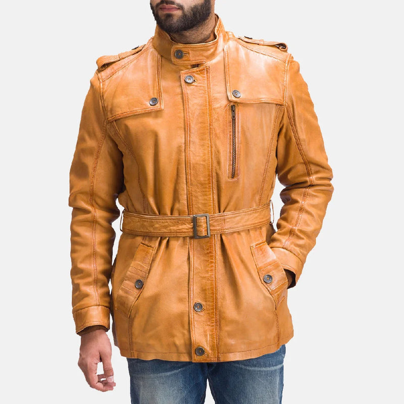 A stylish men's brown leather coat that adds a touch of style to the overall look. A must-have.