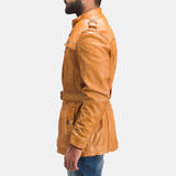 A stylish men's brown leather coat that adds a touch of style to the overall look. A must-have.