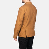 A stylish men's leather blazer jacket in rich brown, featuring two convenient pockets for a touch of practicality and timeless elegance.