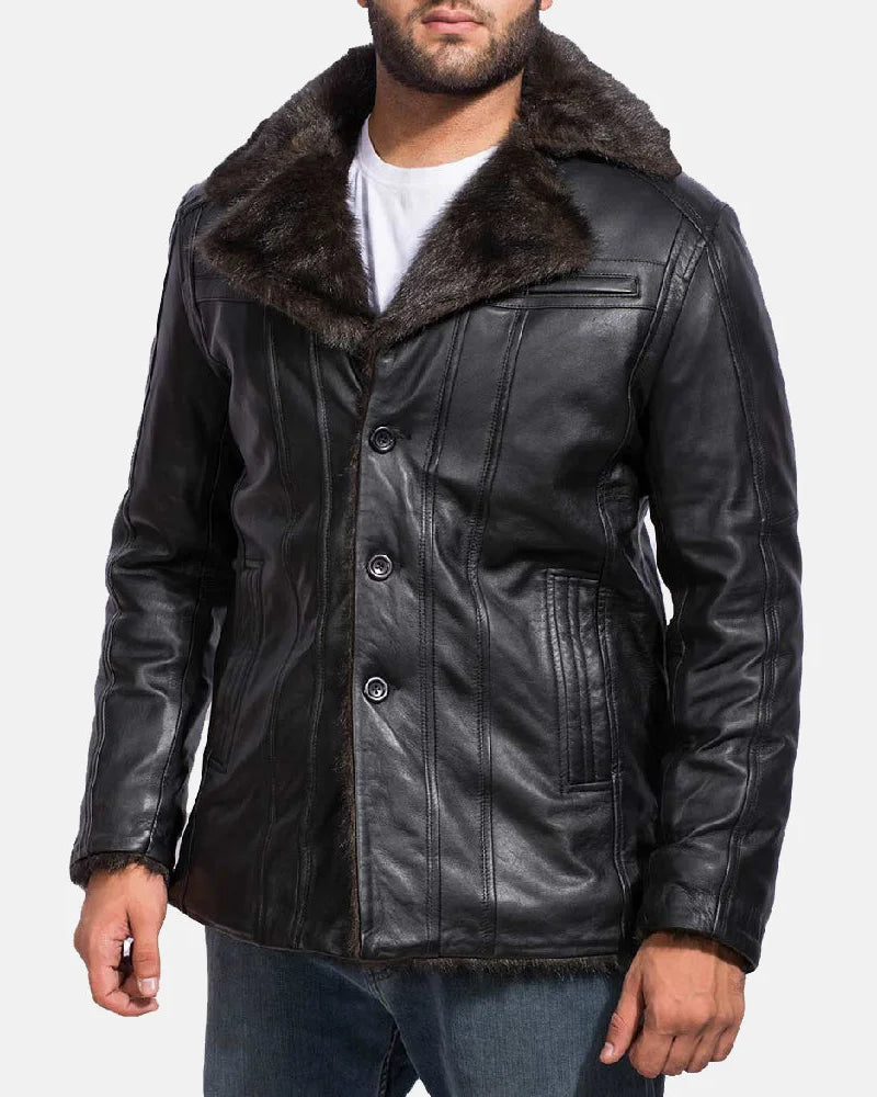 Stylish black men's leather coat with fur collar, perfect for staying warm in the cold weather.