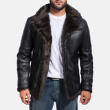 Stylish black men's leather coat with fur collar, perfect for staying warm in the cold weather.