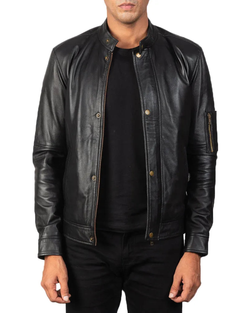 A stylish men's leather jacket black, crafted from genuine leather, exuding timeless appeal and rugged sophistication.