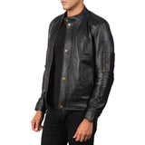 A stylish men's leather jacket black, crafted from genuine leather, exuding timeless appeal and rugged sophistication.