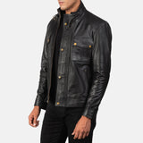 Embrace the timeless appeal of this men's leather motorcycle jacket, expertly crafted from genuine black leather.