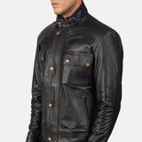 Embrace the timeless appeal of this men's leather motorcycle jacket, expertly crafted from genuine black leather.