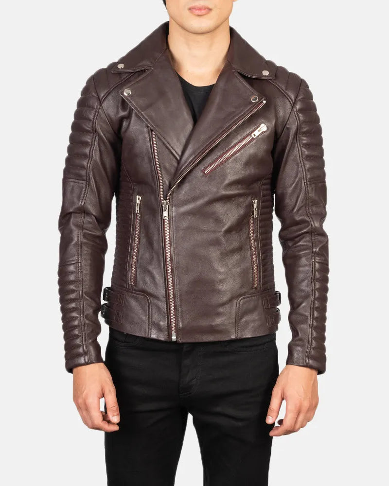 Embrace timeless elegance with this men's maroon leather jacket in a stunning shade of brown. Crafted with care, it exudes sophistication and adds a touch of rugged charm to any outfit.