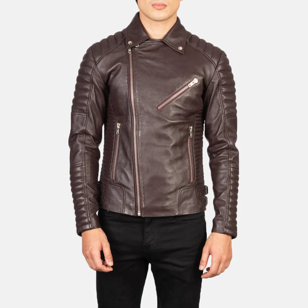 Embrace timeless elegance with this men's maroon leather jacket in a stunning shade of brown. Crafted with care, it exudes sophistication and adds a touch of rugged charm to any outfit.