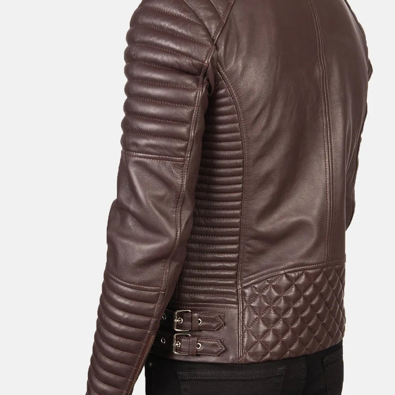 Embrace timeless elegance with this men's maroon leather jacket in a stunning shade of brown. Crafted with care, it exudes sophistication and adds a touch of rugged charm to any outfit.