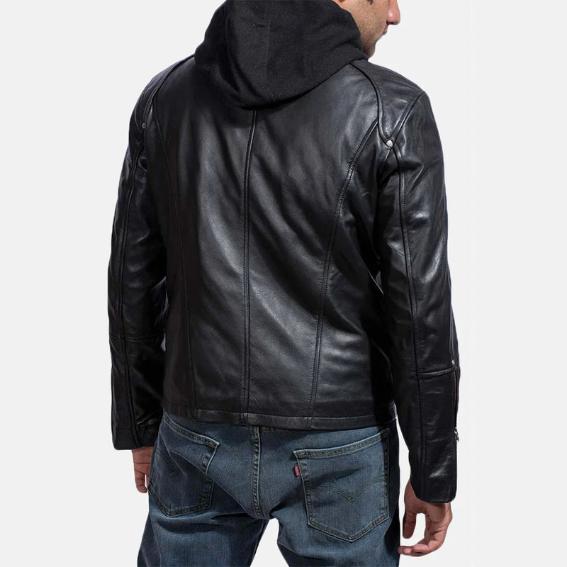 A stylish man in a leather men's motorcycle jacket black, exuding confidence and adding a touch of edginess to his look.