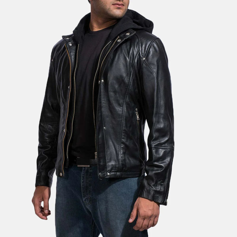 A stylish man in a leather men's motorcycle jacket black, exuding confidence and adding a touch of edginess to his look.