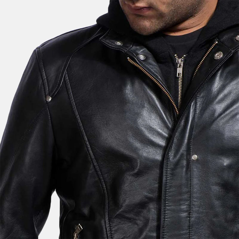 A stylish man in a leather men's motorcycle jacket black, exuding confidence and adding a touch of edginess to his look.