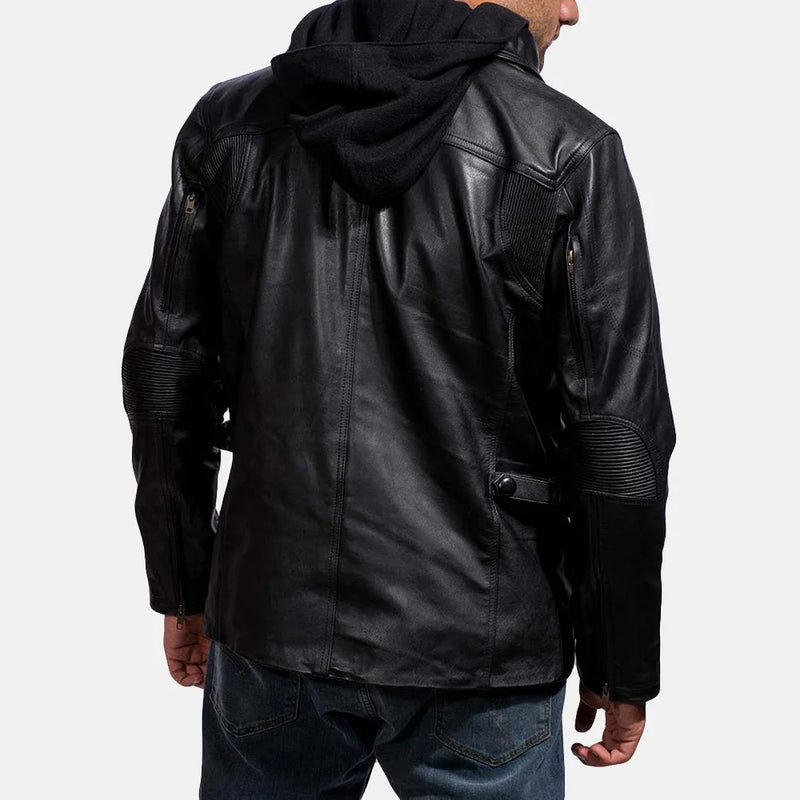 A stylish black men's quilted bomber jacket, exuding confidence and a hint of rebellion.