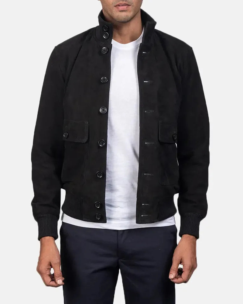 Indulge in the opulence of this black men's suede bomber jacket, a timeless piece that exudes elegance and class.