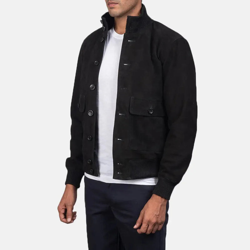 Indulge in the opulence of this black men's suede bomber jacket, a timeless piece that exudes elegance and class.