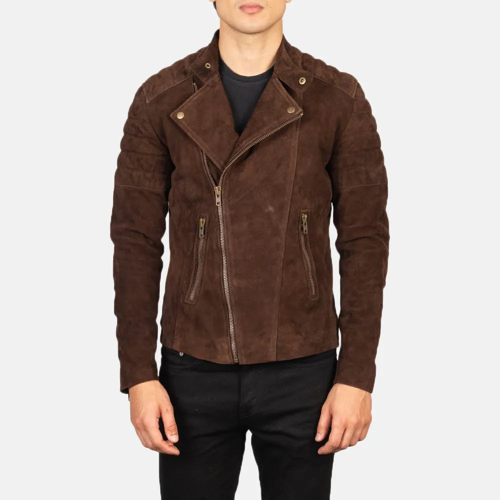 A fashionable men's suede jacket in rich brown leather, ideal for adding a touch of sophistication to any look.