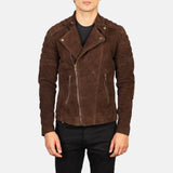 A fashionable men's suede jacket in rich brown leather, ideal for adding a touch of sophistication to any look.