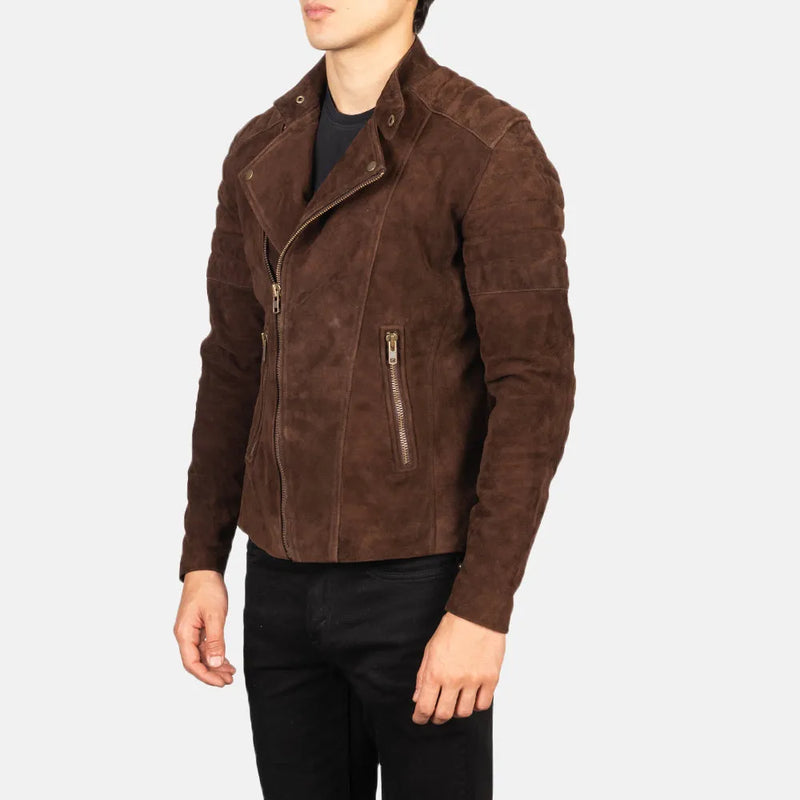 A fashionable men's suede jacket in rich brown leather, ideal for adding a touch of sophistication to any look.