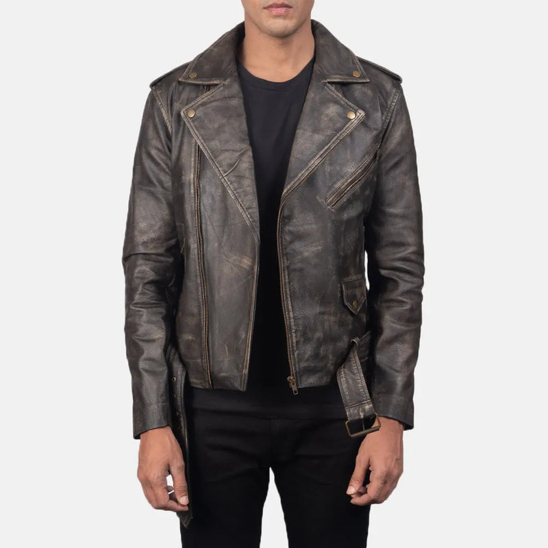 A man in a stylish brown leather biker jacket, exuding cool vibes.