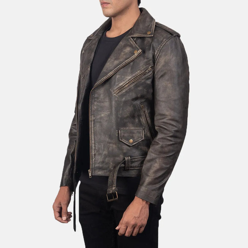 A man in a stylish brown leather biker jacket, exuding cool vibes.