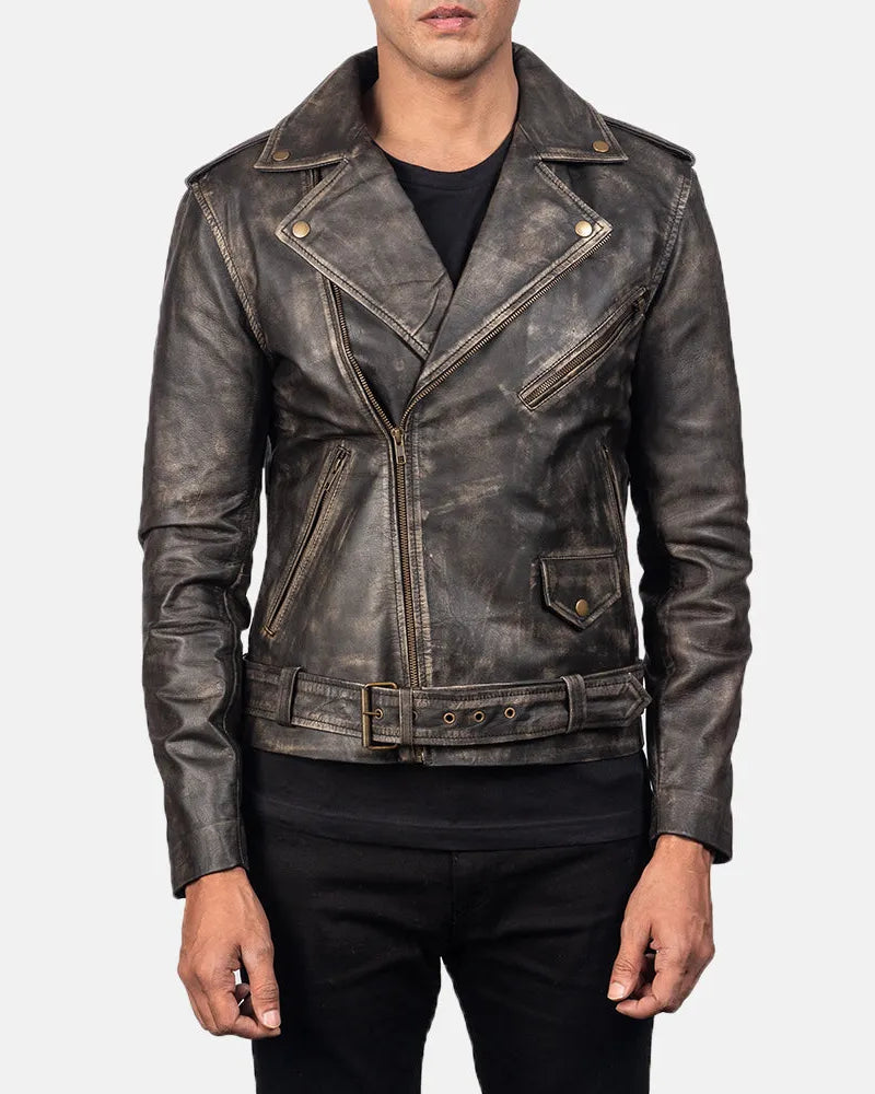 A man in a stylish brown leather biker jacket, exuding cool vibes.