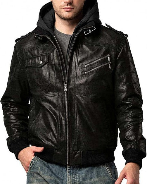 Mens Lambskin Leather Bomber Jacket With Hood