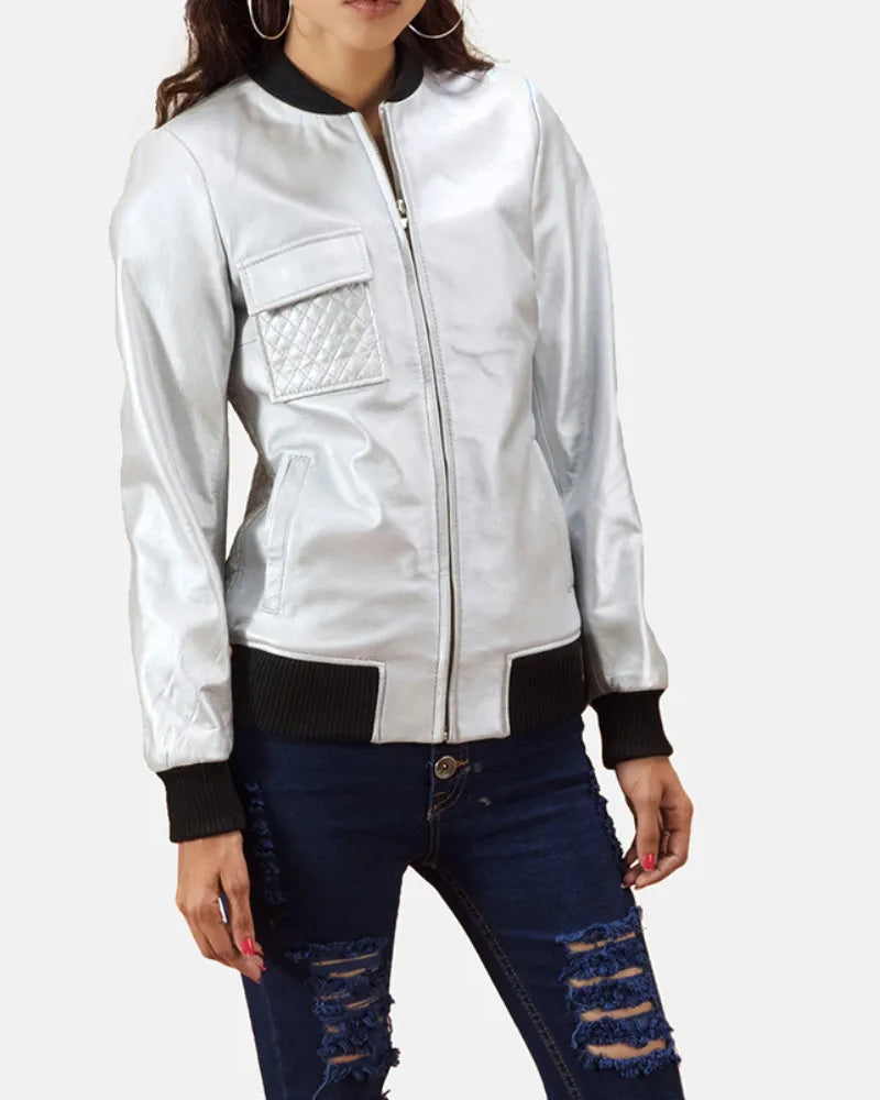 Check out this fashion-forward shiny metallic silver leather jacket, making a bold statement with the outfit.