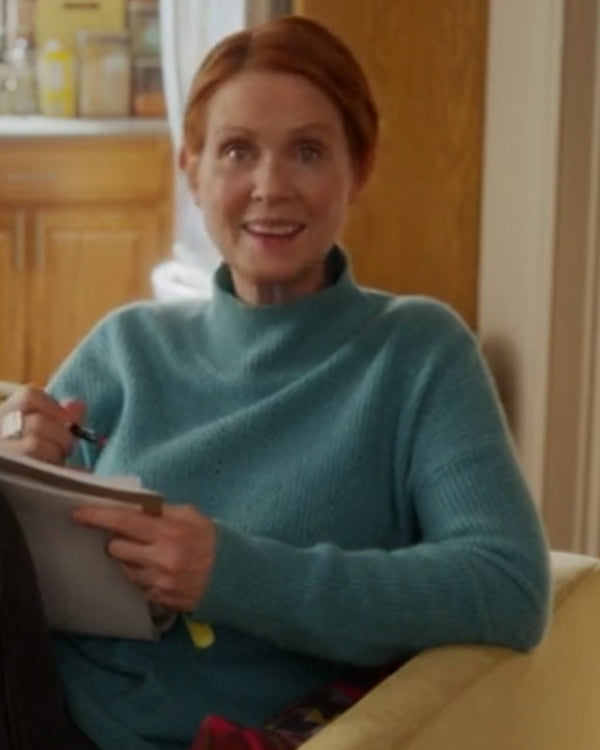 And Just Like That S02 Cynthia Nixon Blue Ribbed Mockneck Sweater