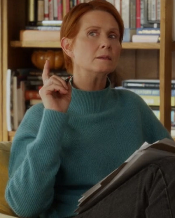 And Just Like That S02 Cynthia Nixon Blue Ribbed Mockneck Sweater