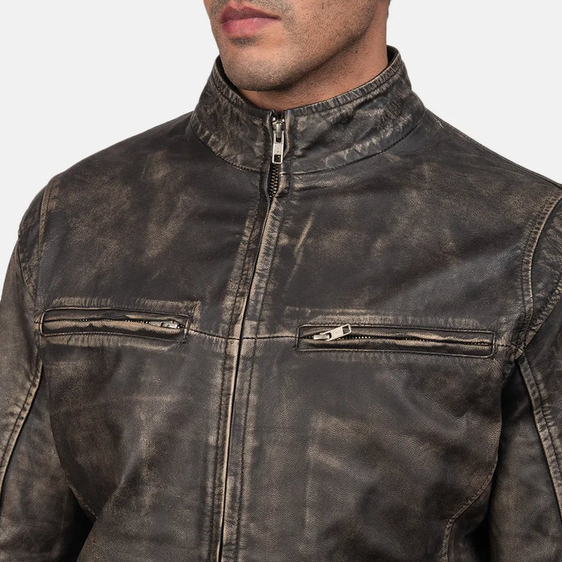 Stylish motorcycle jacket brown with zipper pockets and quilted details.