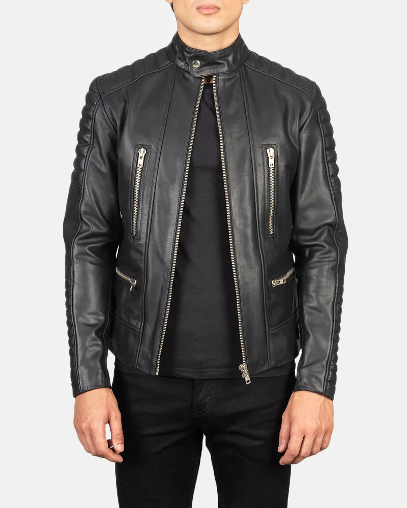 A sleek black leather jacket made from leather, perfect for men who love the thrill of the open road. Motorcycle Jacket for Men.