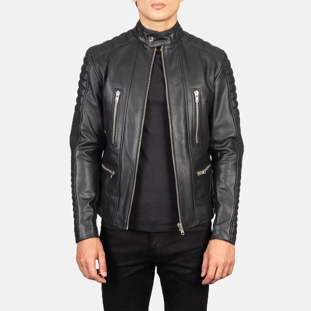 A sleek black leather jacket made from leather, perfect for men who love the thrill of the open road. Motorcycle Jacket for Men.