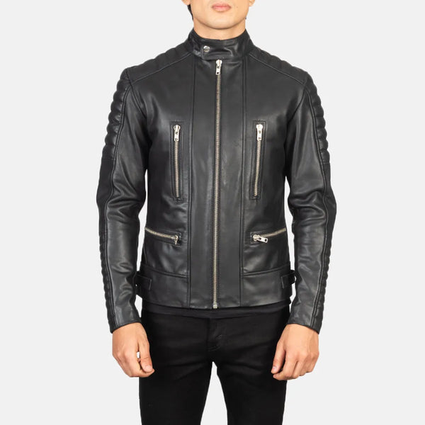 A sleek black leather jacket made from leather, perfect for men who love the thrill of the open road. Motorcycle Jacket for Men.