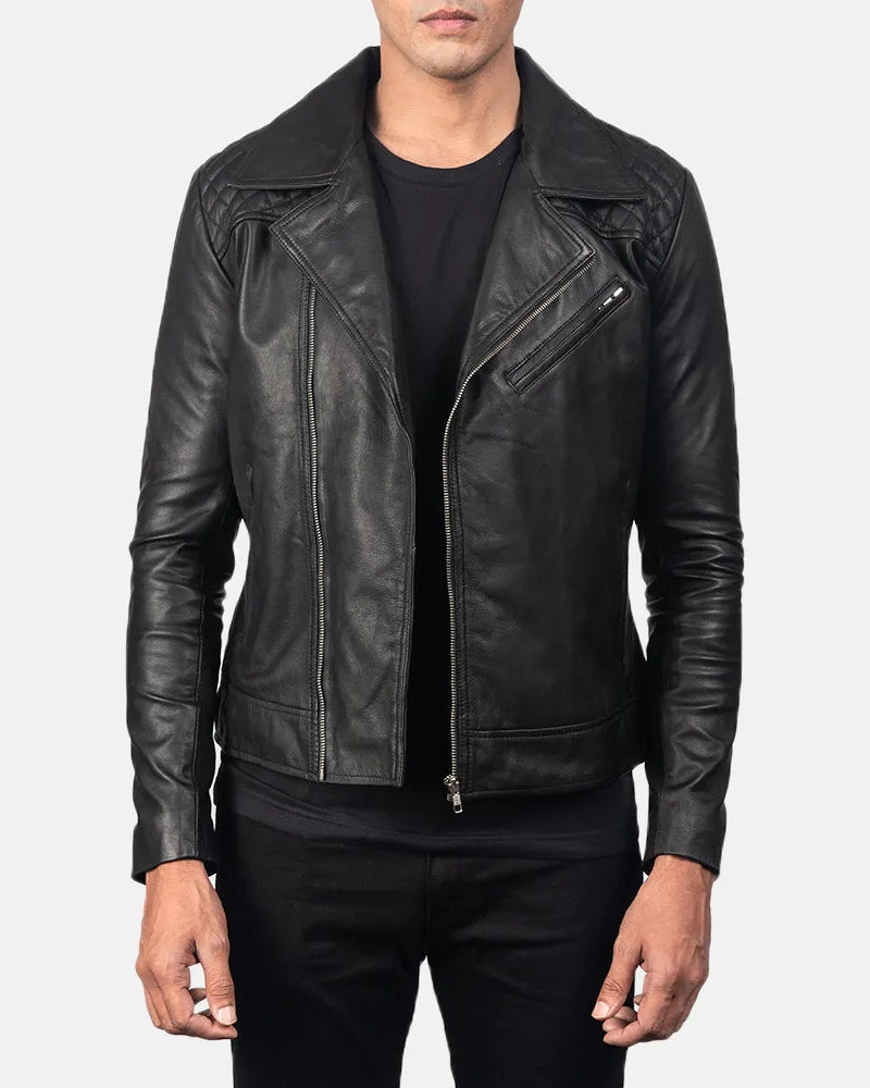 Stylish black motorcycle leather jacket with silver zippers and buckles.