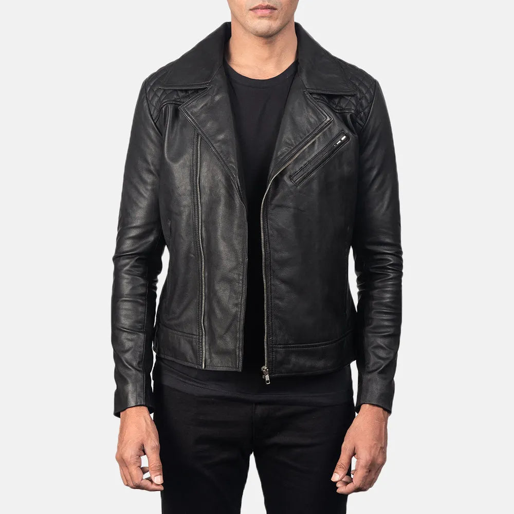 Stylish black motorcycle leather jacket with silver zippers and buckles.