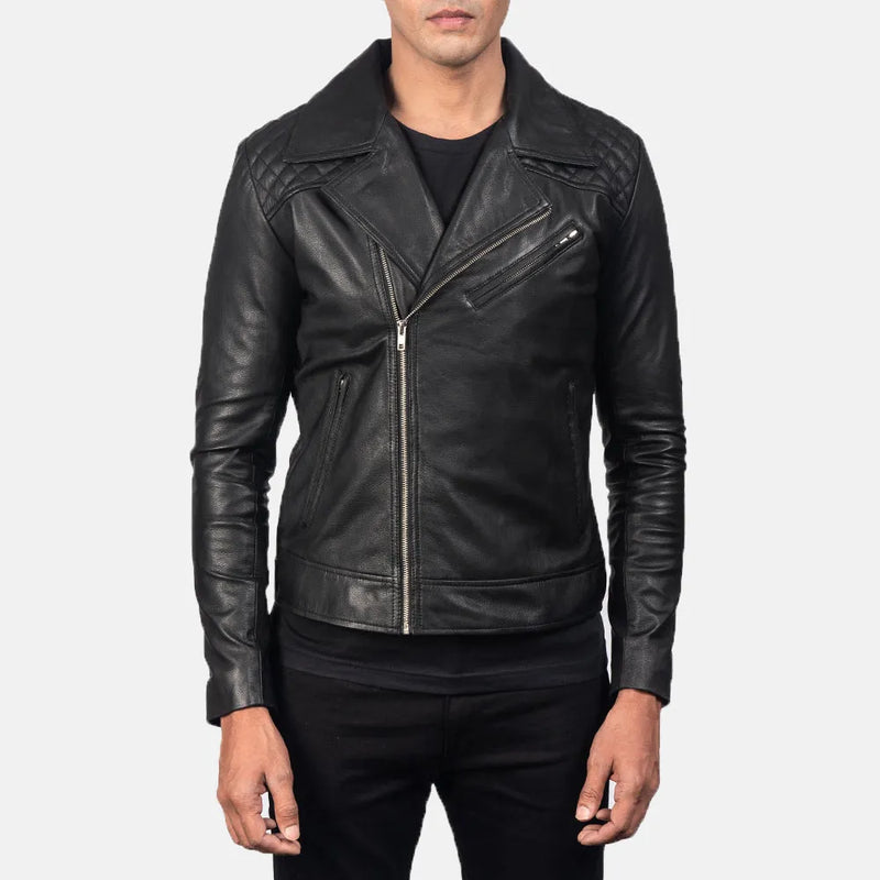 Stylish black motorcycle leather jacket with silver zippers and buckles.