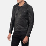 Stylish black motorcycle leather jacket with silver zippers and buckles.